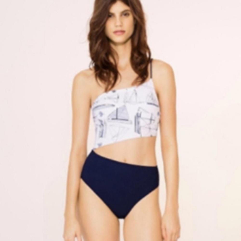 New Tory Burch Nautical Spinnaker Sail One Piece Resort Navy Swimsuit Cutout M